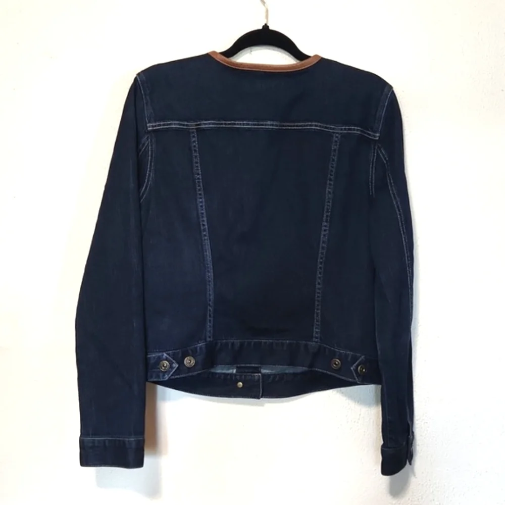 Ralph Lauren Dark Blue Denim Jacket Leather Trim Collar Large - Picture 6 of 13
